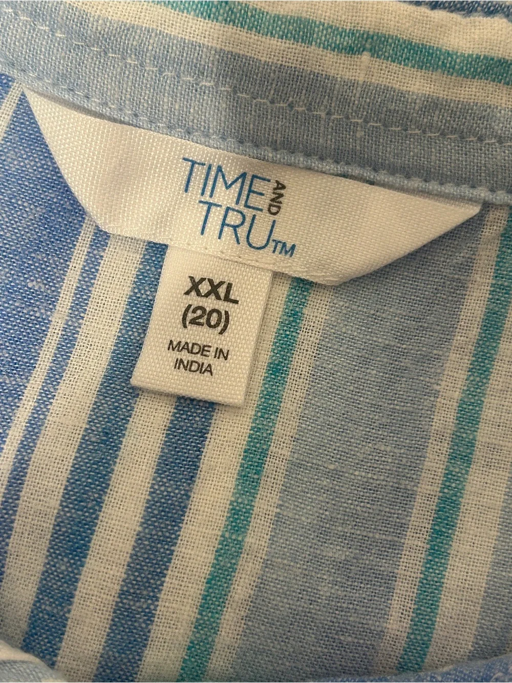 Time And Tru Women’s Beachy Blue Stripe Linen Top Button Up Sleeveless Sz XXL-20 - Picture 3 of 5